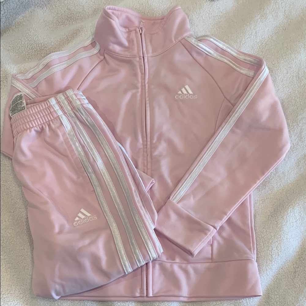 Adidas Light Pink Tracksuit with White Stripes